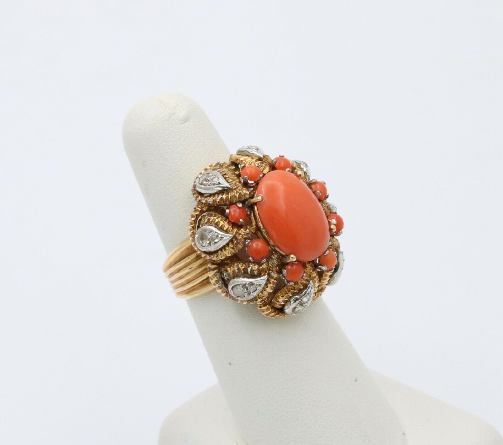 Vintage Statement Cocktail Coral Rose Cut Diamonds 18K YG WG Ring