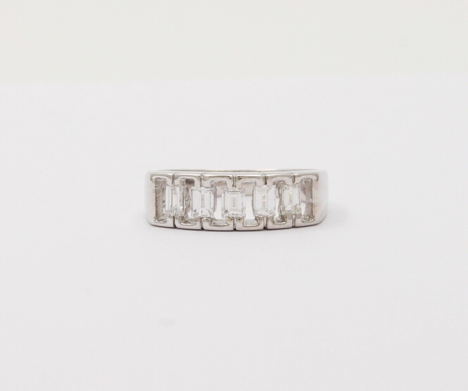 Vintage Emerald Cut Diamond Half Eternity 18K White Gold Ring Band