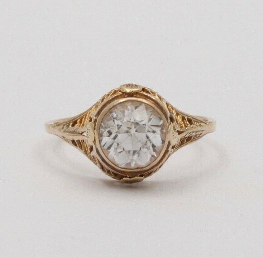 Antique Art Deco Paste Filigree 14K Yellow Gold Ring, Engagement Ring