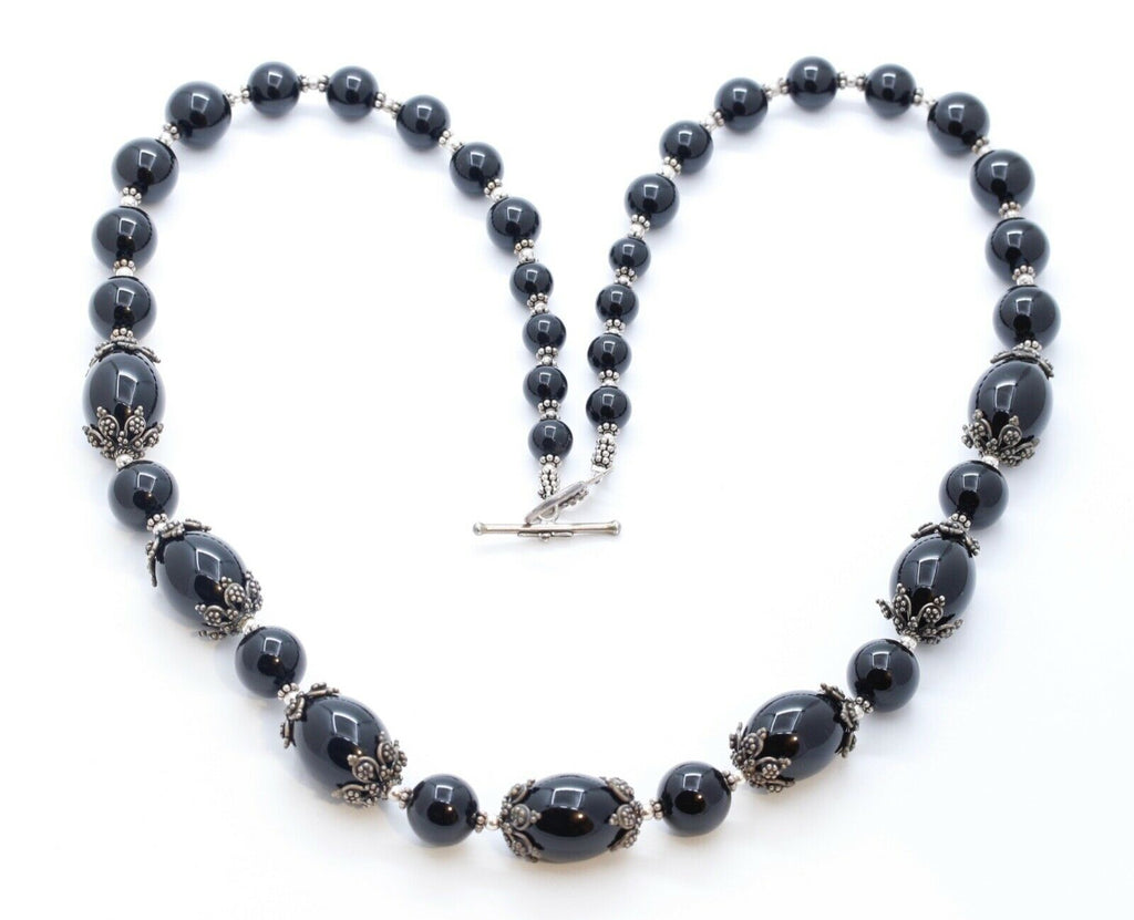 Meran Large Black Onyx Bead and 925 Sterling Silver Vintage Necklace