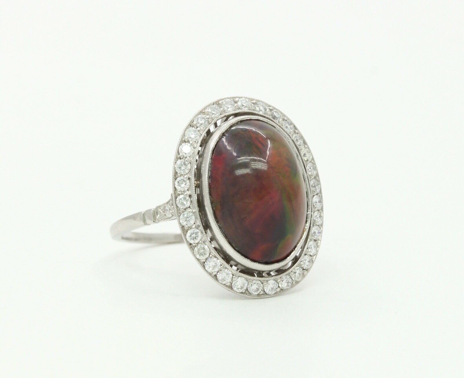 Vintage Ladies Cabochon Opal Diamonds Platinum Ring