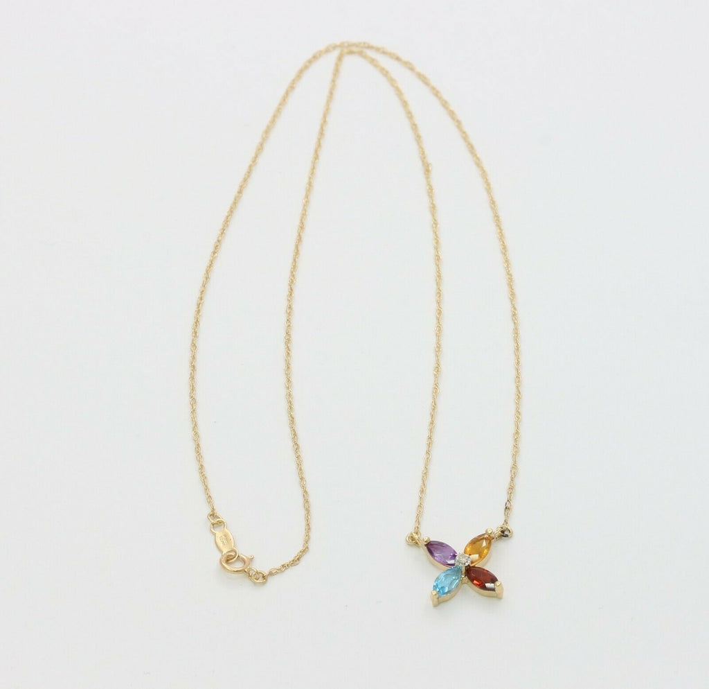 Vintage 14K Yellow Gold Four Leaf Flower Multi Stone Diamond Pendant