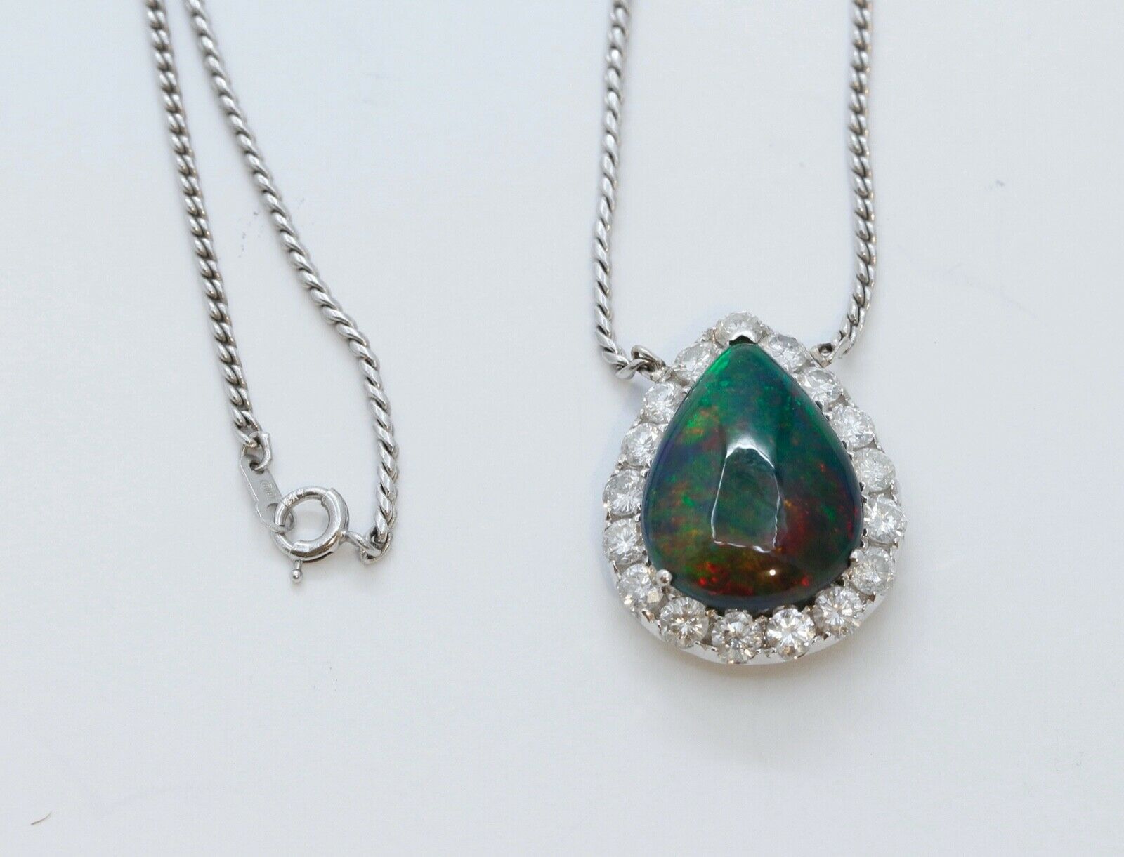 Vintage Opal Diamonds 18K 14K White Gold Pendant Chain
