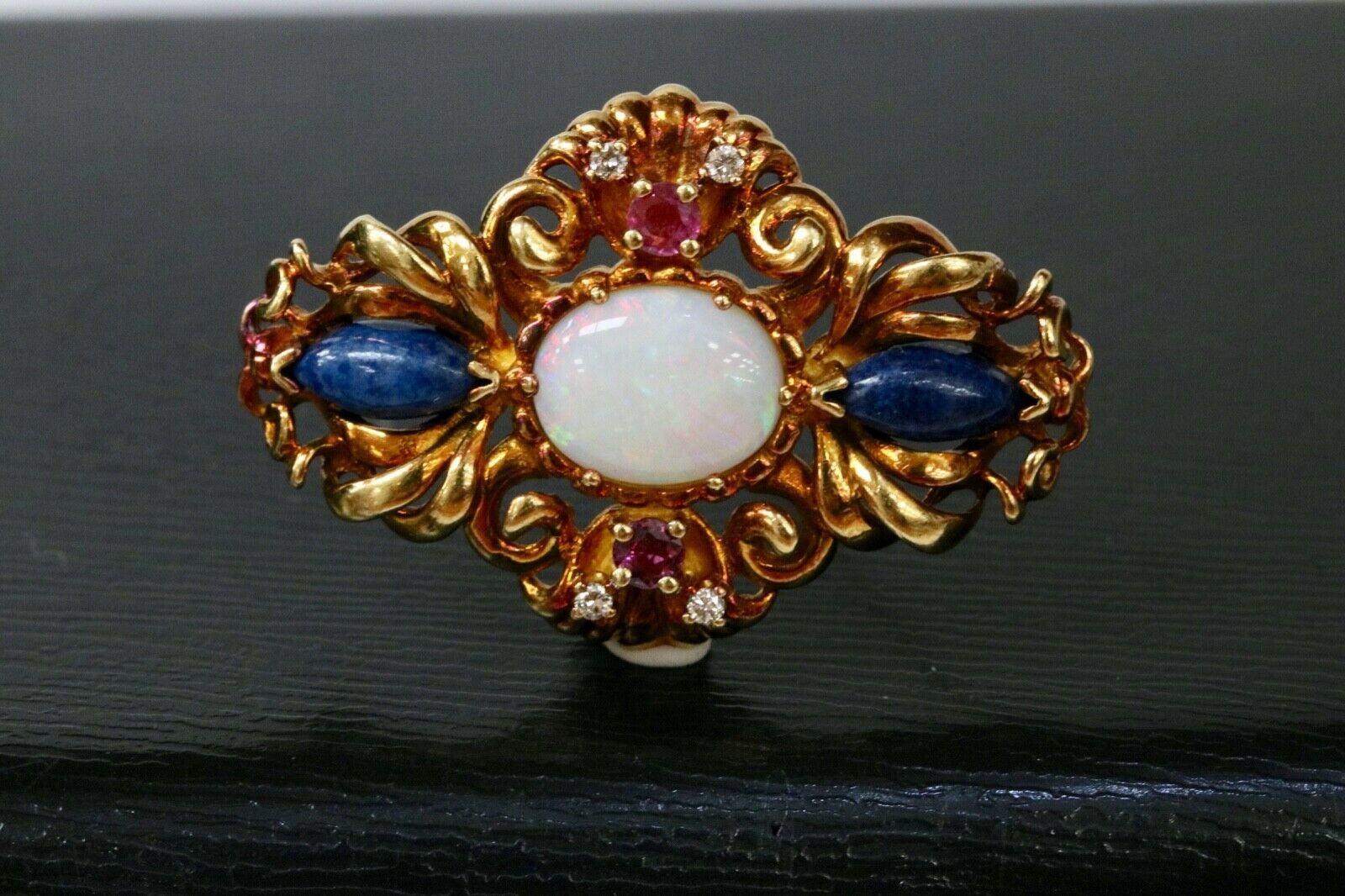 Vintage Victorian Style Opal Rubies Diamonds Sodalite 18K Yellow Gold Brooch Pin