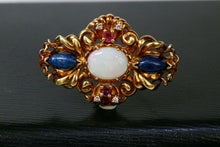 Load image into Gallery viewer, Vintage Victorian Style Opal Rubies Diamonds Sodalite 18K Yellow Gold Brooch Pin
