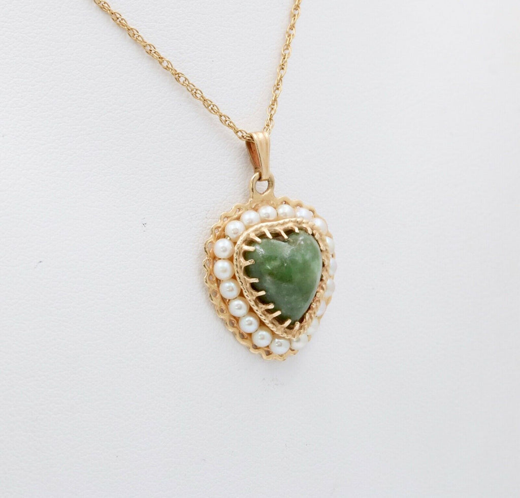 Vintage 14K Yellow Gold Heart Aventurine Pearl Pendant Necklace, Heart Charm