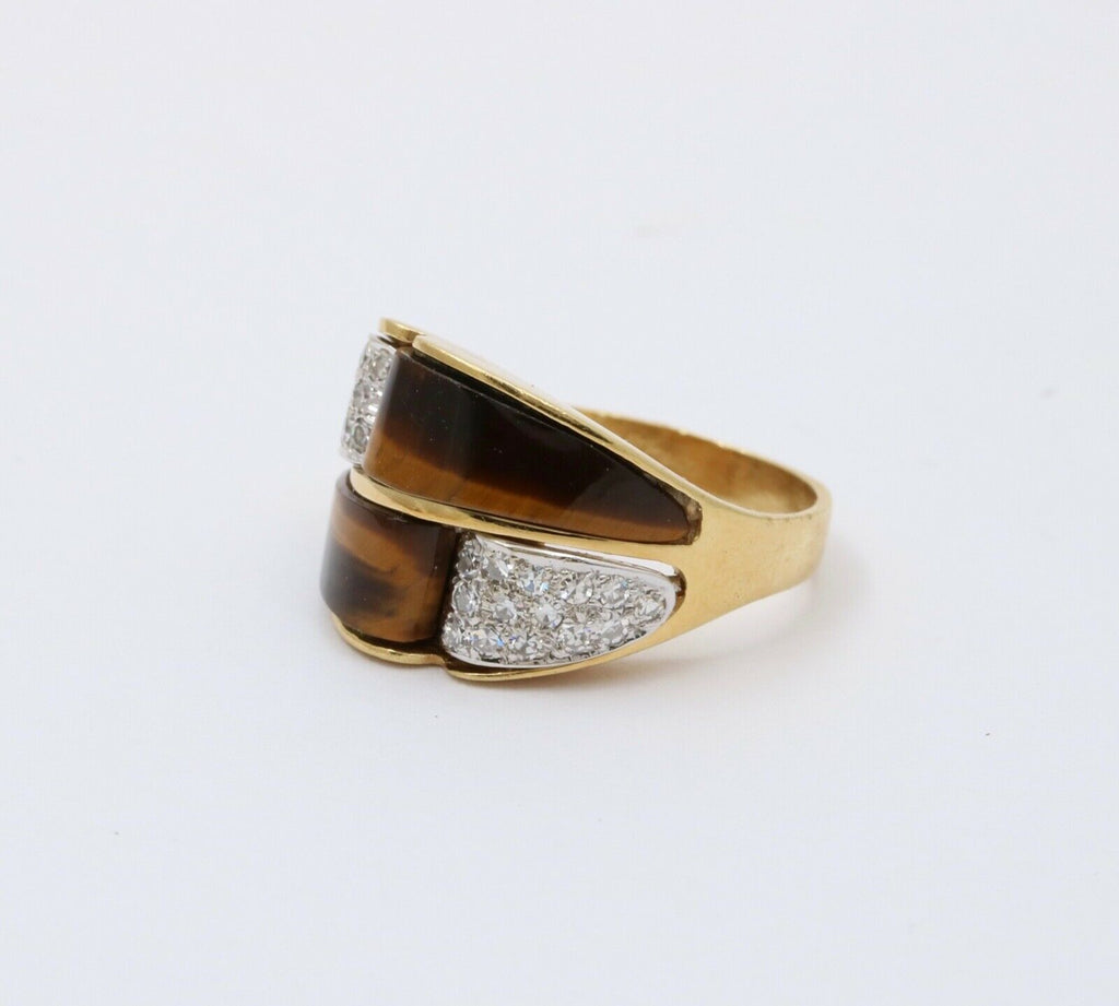 Vintage Italian Tiger's Eye Diamonds 18K Yellow Gold Ring