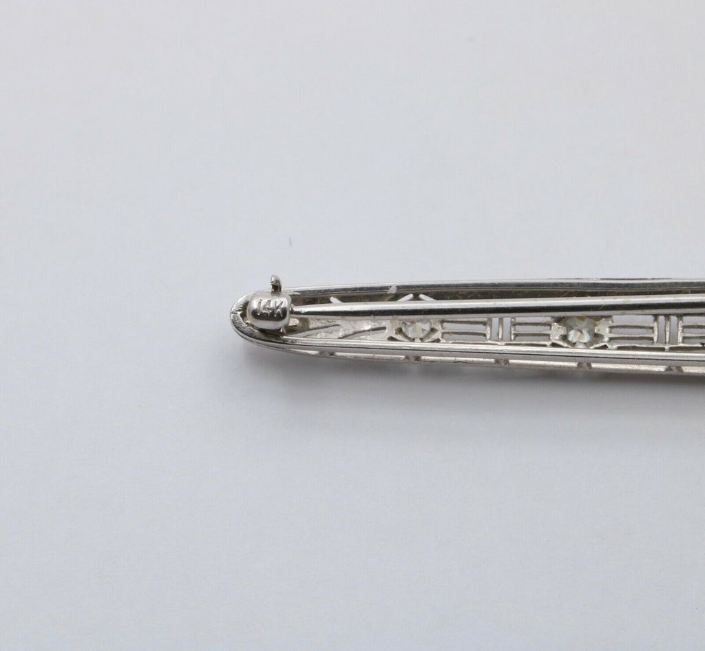 Art Deco 14K White Gold Diamond Filigree Bar Pin, Brooch