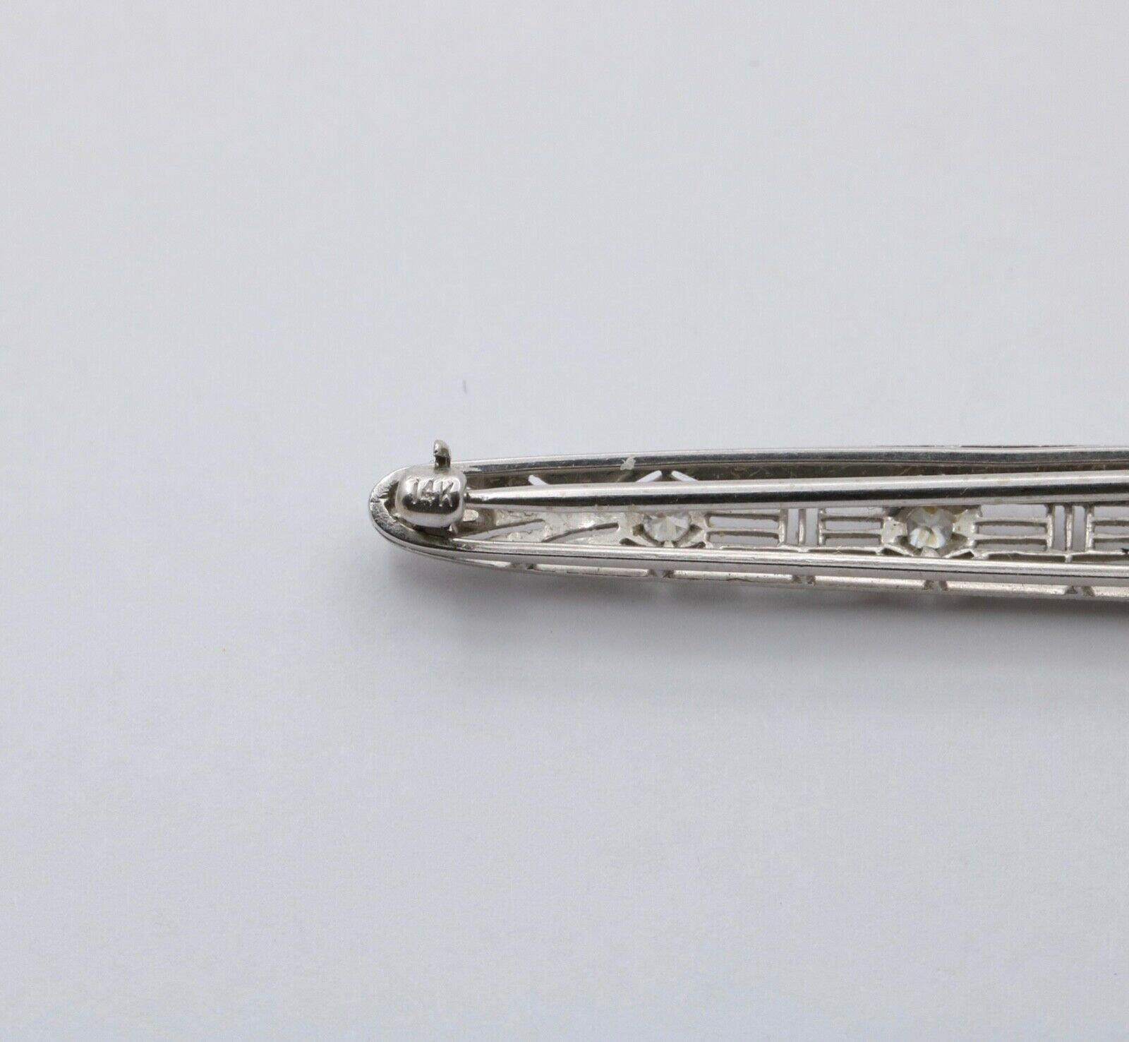 Art Deco 14K White Gold Diamond Filigree Bar Pin, Brooch
