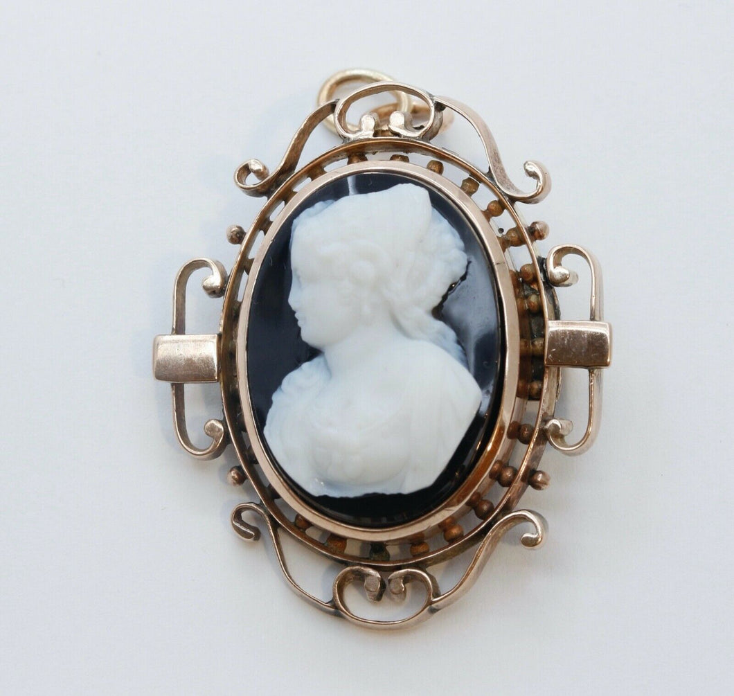 Victorian Cameo 14K Rose Gold Onyx Brooch Pendant Pin