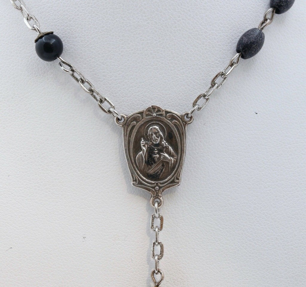 Vintage Sterling Silver Wood Beads Rosary