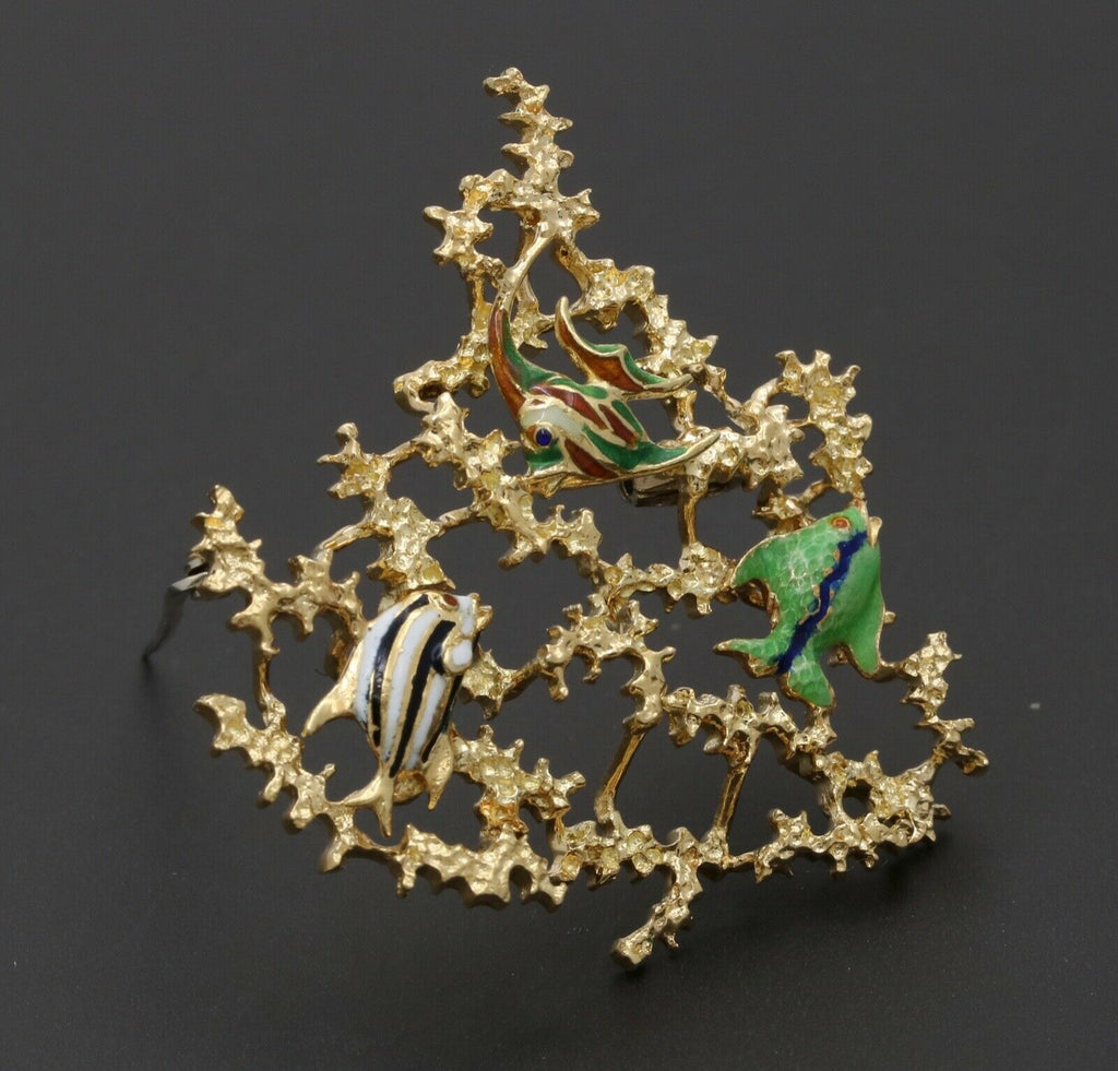 Vintage 18K Yellow Gold Enamel FIsh Brooch Pin Ocean Lover