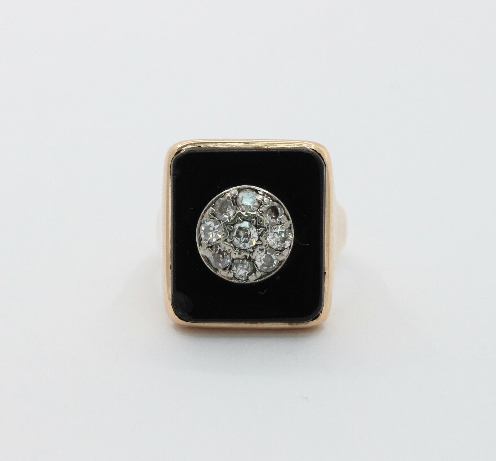 Vintage Unisex Signet Onyx Diamonds 14K Yellow Gold Ring
