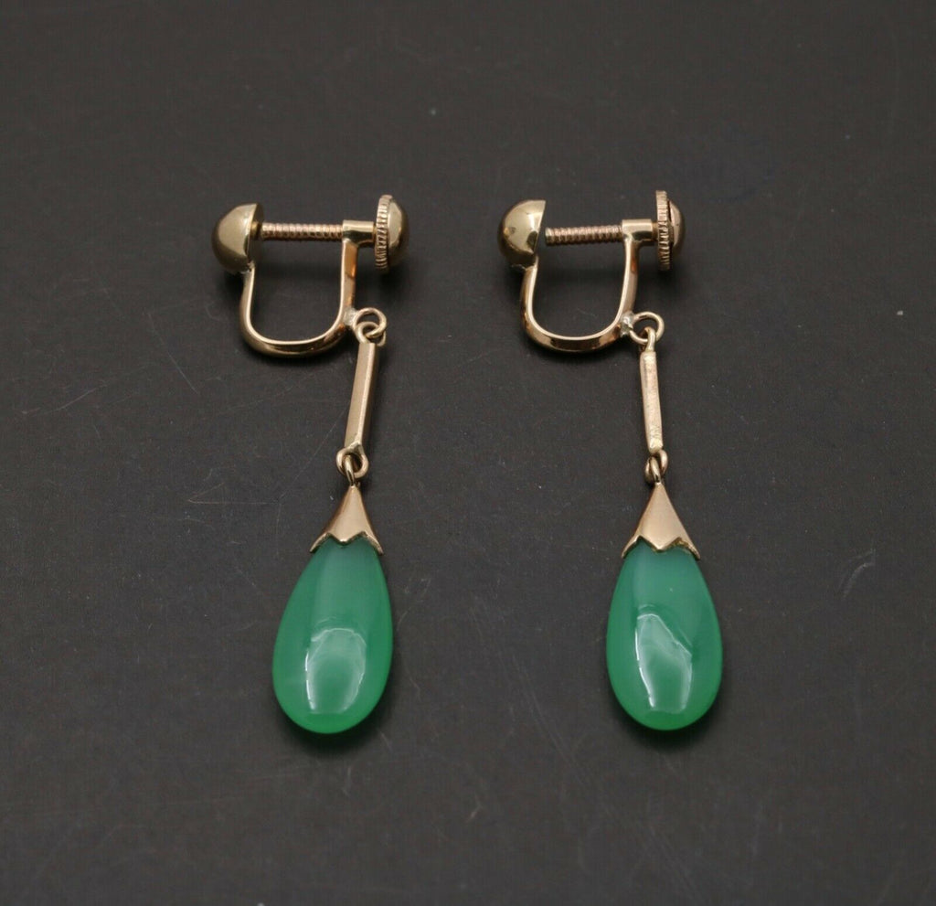 Vintage 14K Yellow Gold Green Chrysoprase Drop Earrings, Screw Back Earrings.