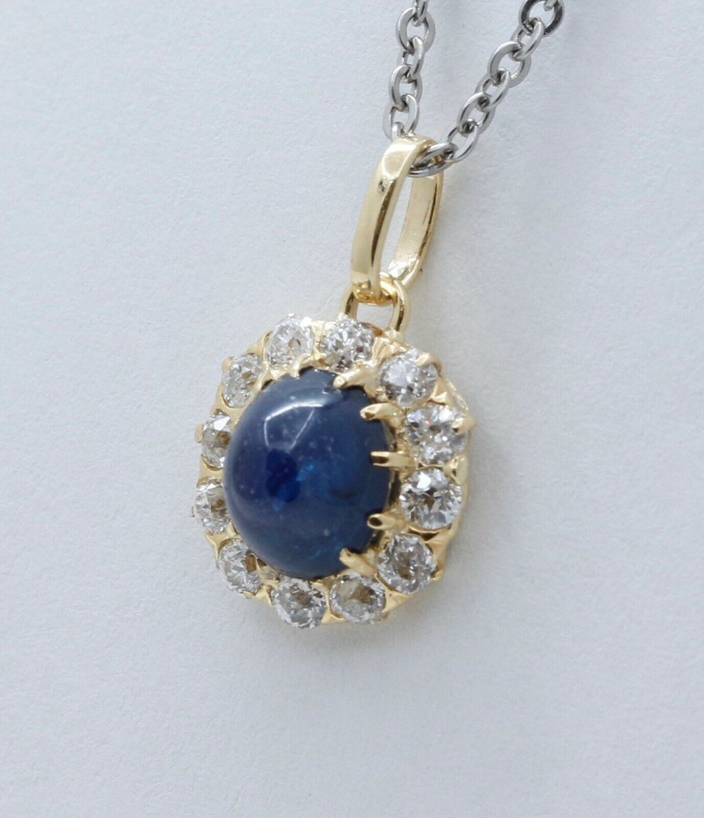 Victorian Cabochon Sapphire Old European Cut Diamonds 14K Yellow Gold Pendant
