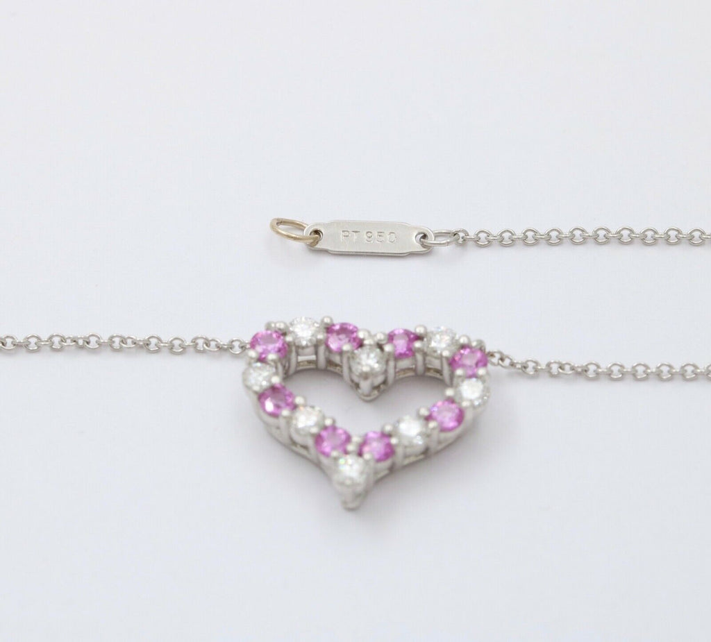 Tiffany and Co. Heart Pendant and Chain Diamonds Pink Sapphires Platinum