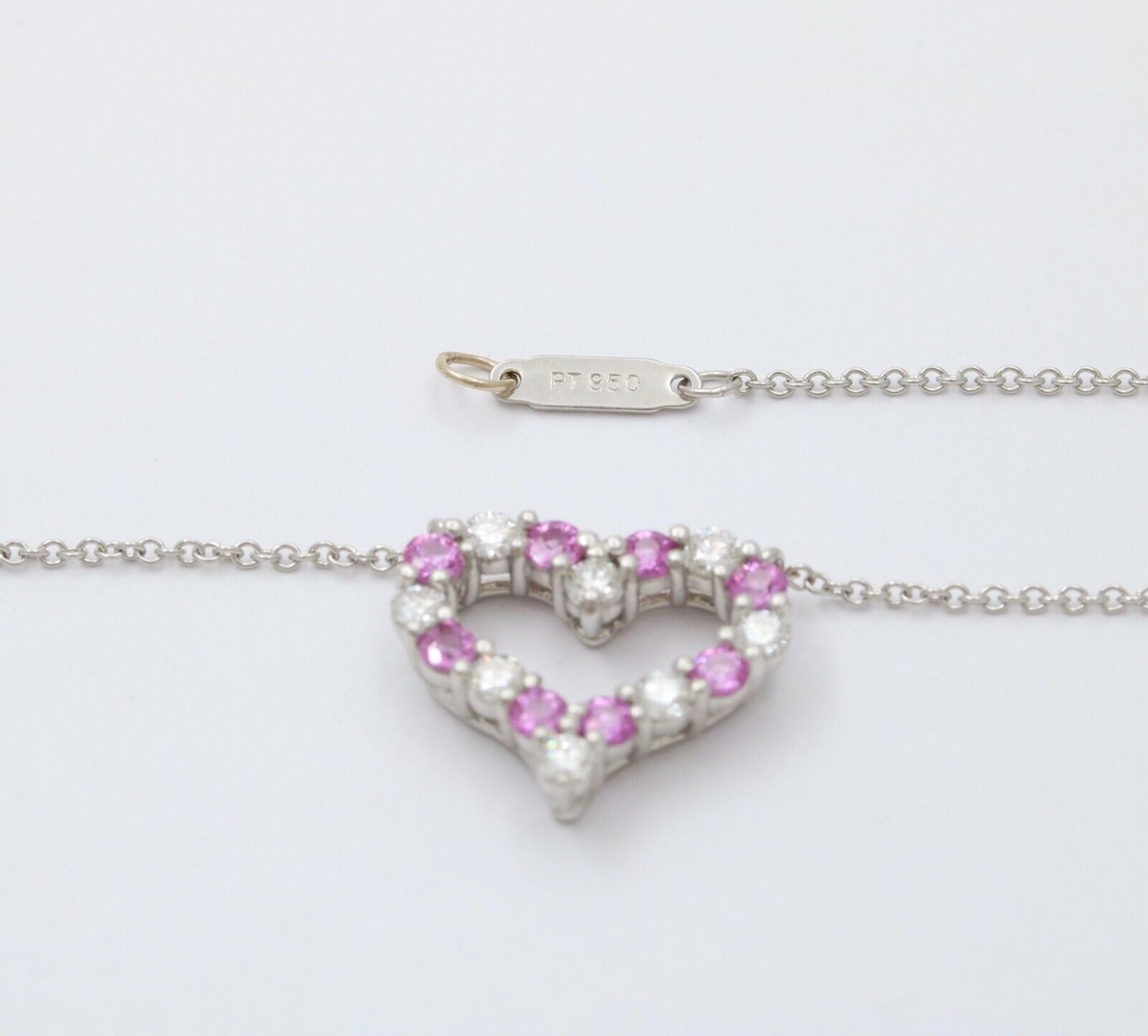Tiffany and Co. Heart Pendant and Chain Diamonds Pink Sapphires Platinum