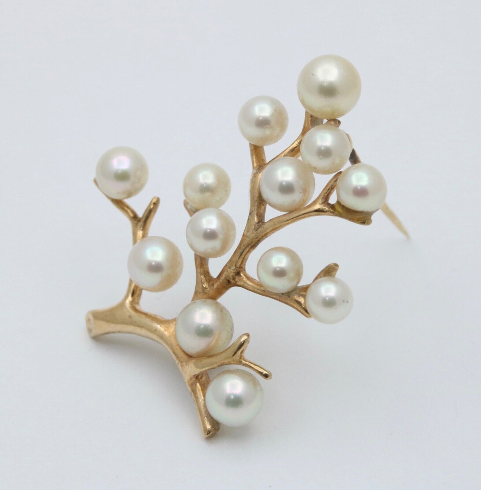 Vintage Mikimoto 14K Yellow Gold Cultured Akoya Pearl Branching Flower Brooch