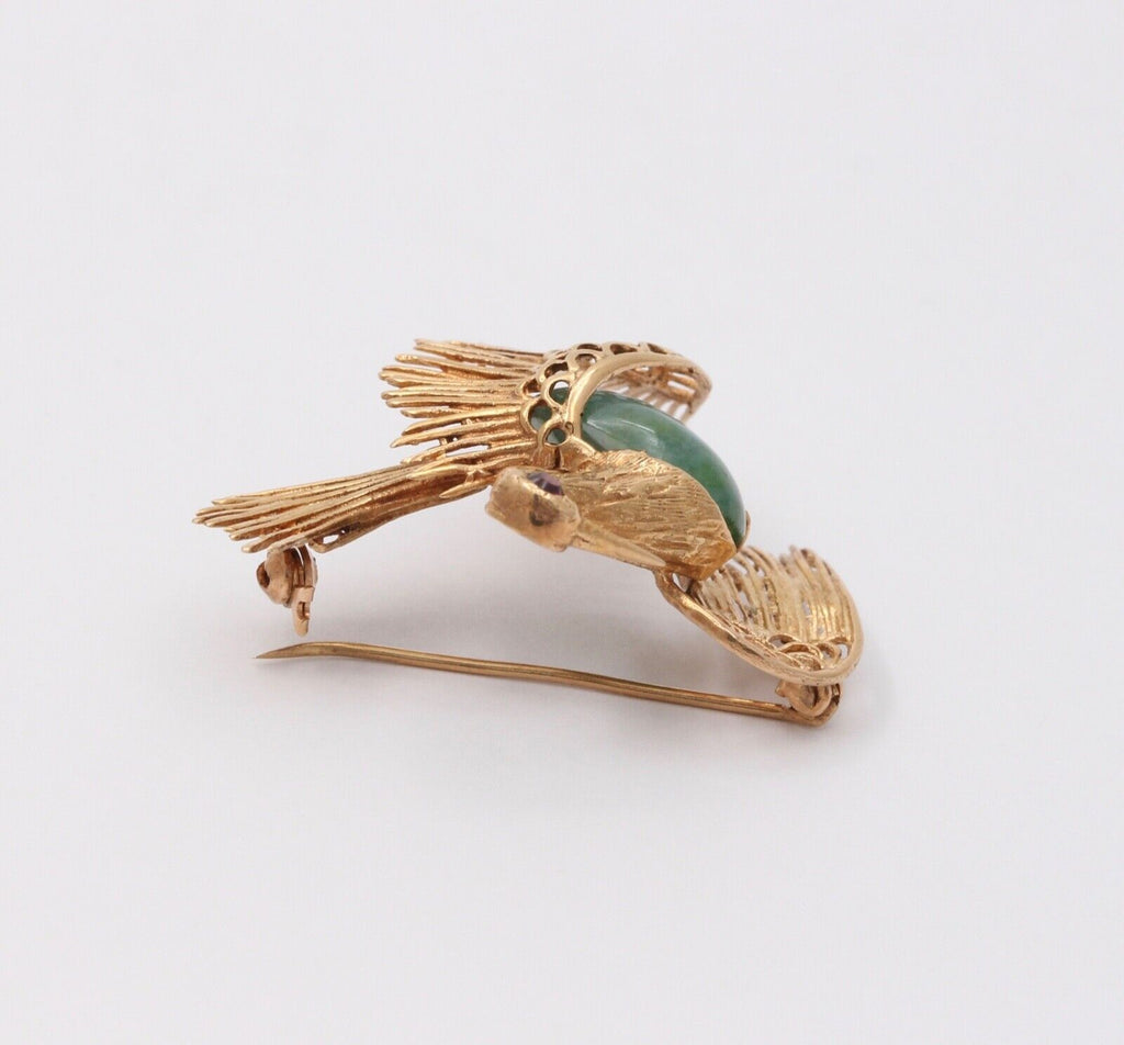 Vintage Estate Jadeite Jade Crane 14K High Relief Bird Brooch, Pin