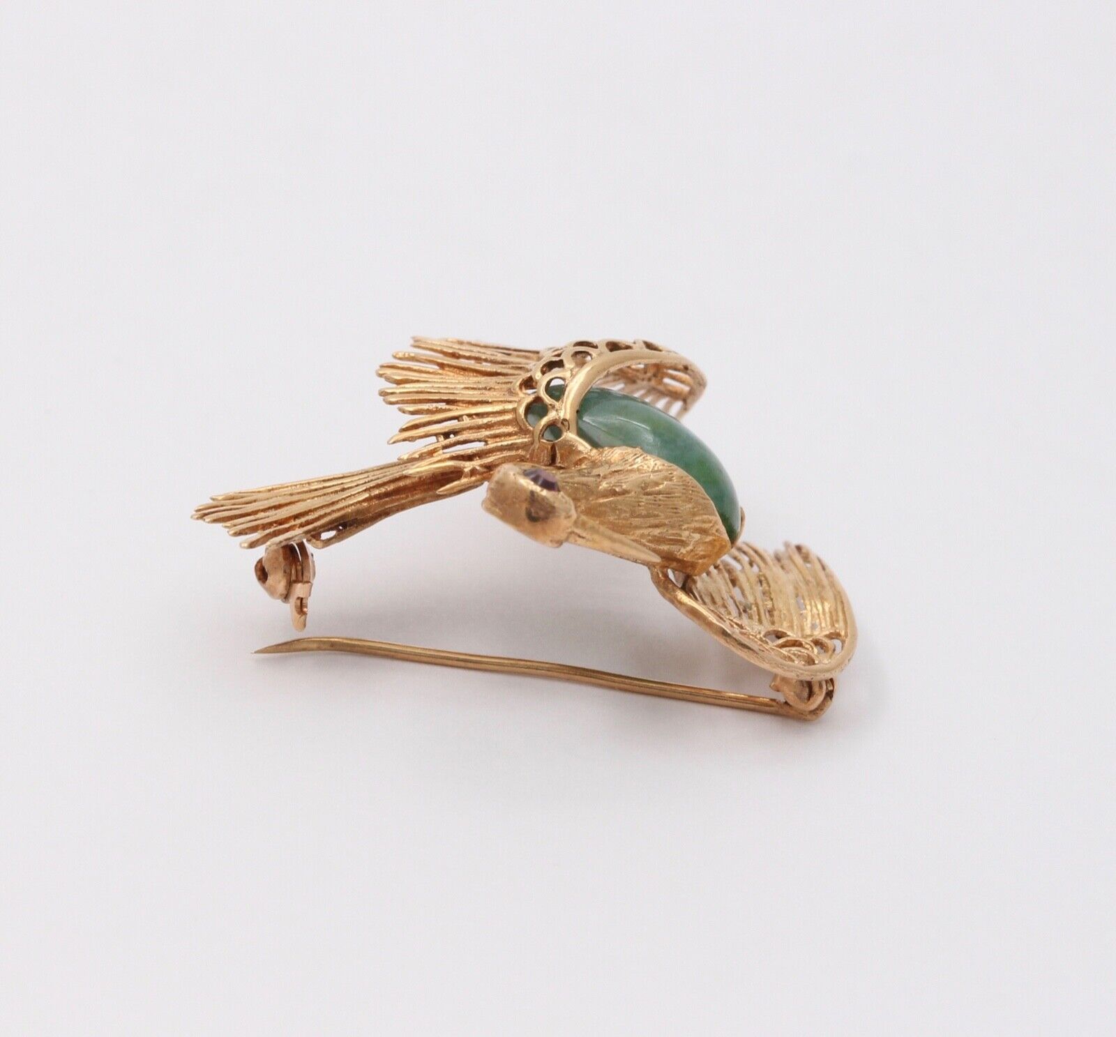 Vintage Estate Jadeite Jade Crane 14K High Relief Bird Brooch, Pin
