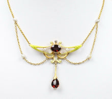 Load image into Gallery viewer, Art Nouveau Pendant Chain Garnet Natural Pearls Diamonds 14K Yellow Gold
