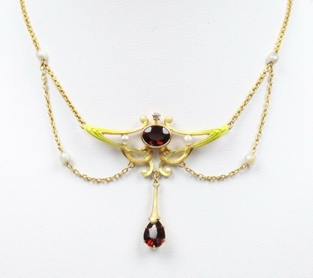 Art Nouveau Pendant Chain Garnet Natural Pearls Diamonds 14K Yellow Gold