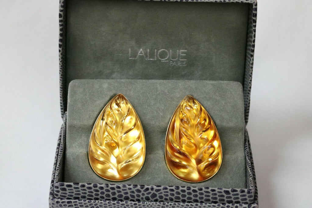 Lalique Carved Leaf Yellow Crystal Clip On Earring