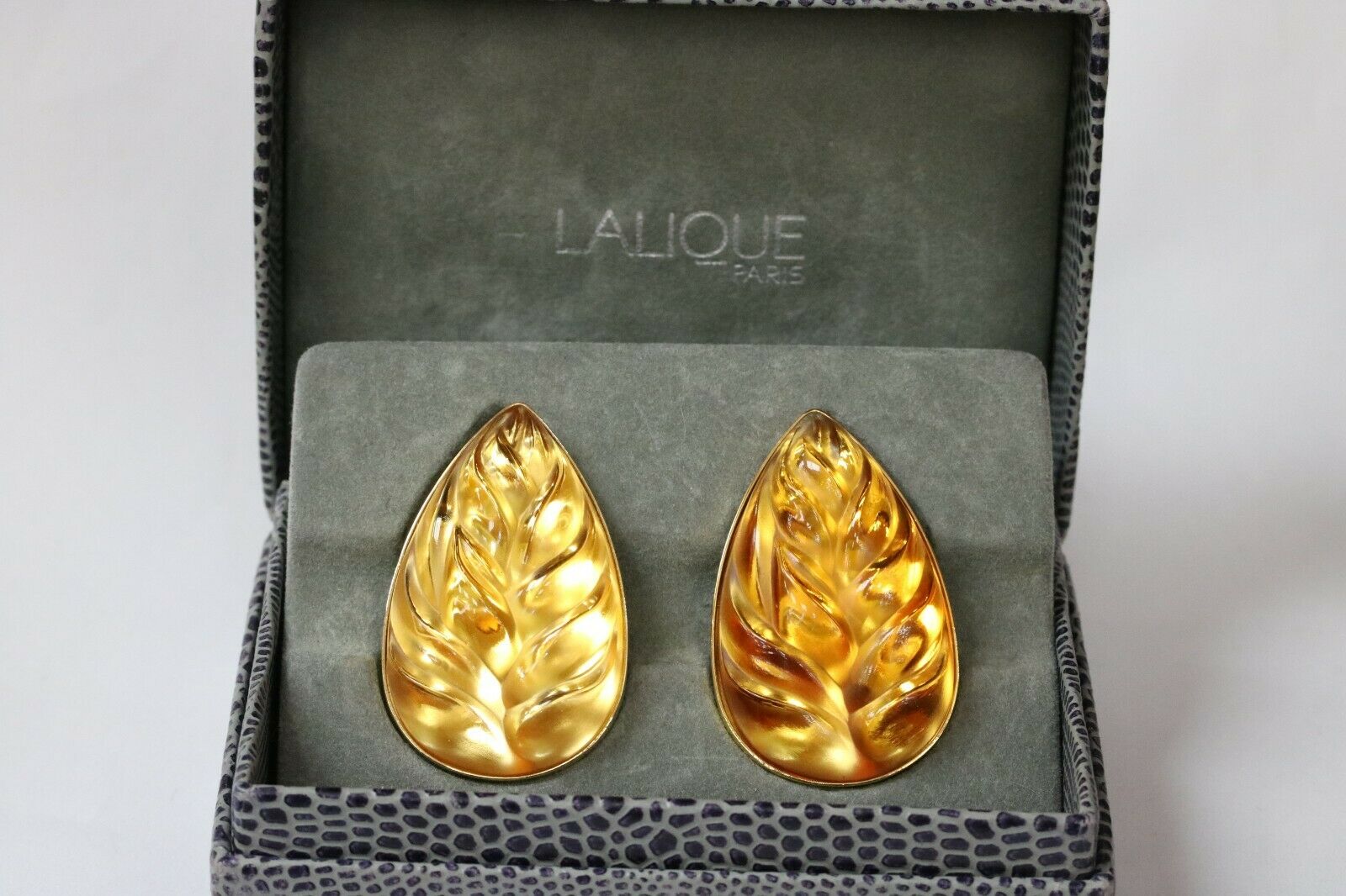 Lalique Carved Leaf Yellow Crystal Clip On Earring