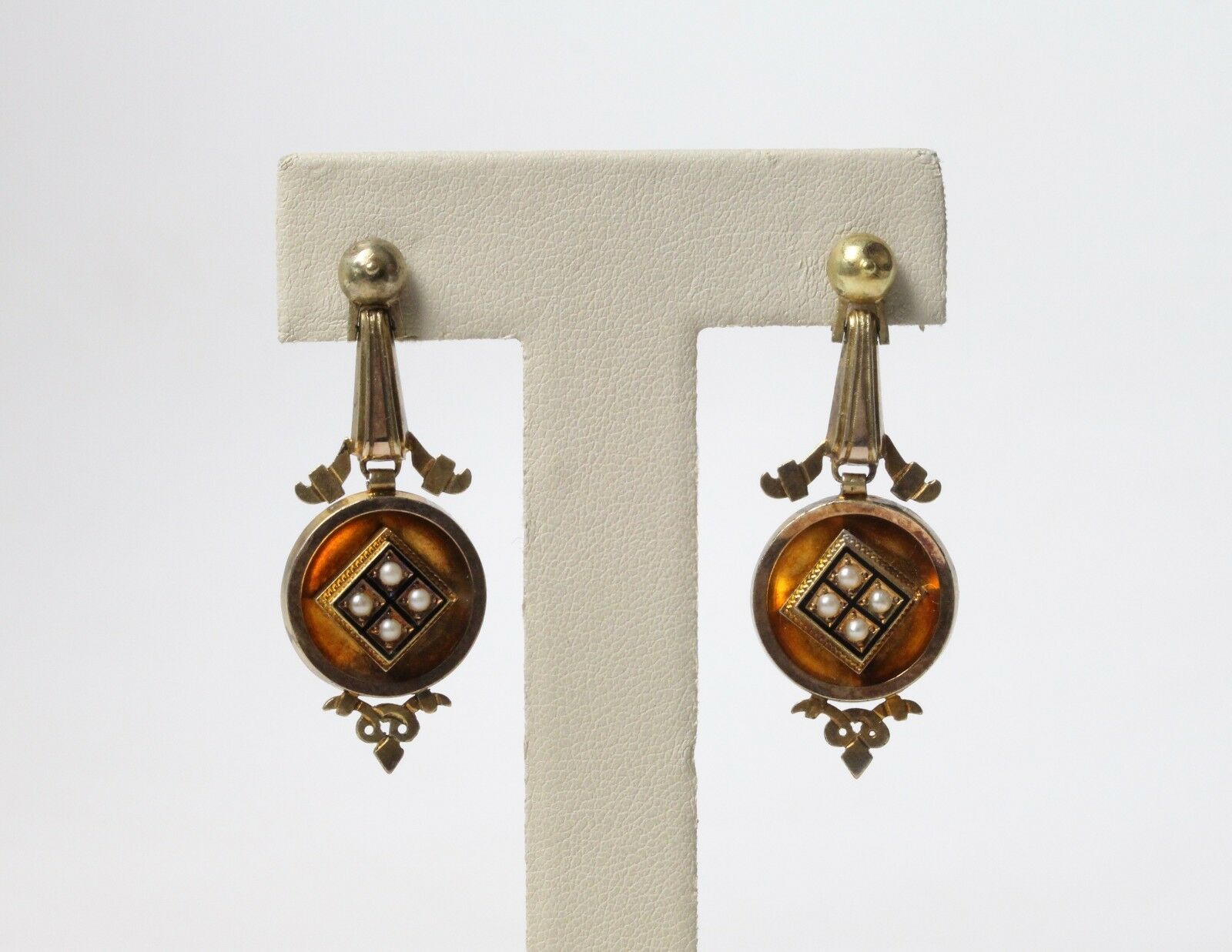 Victorian 18K Yellow Gold Seed Pearls Hanging Earrings
