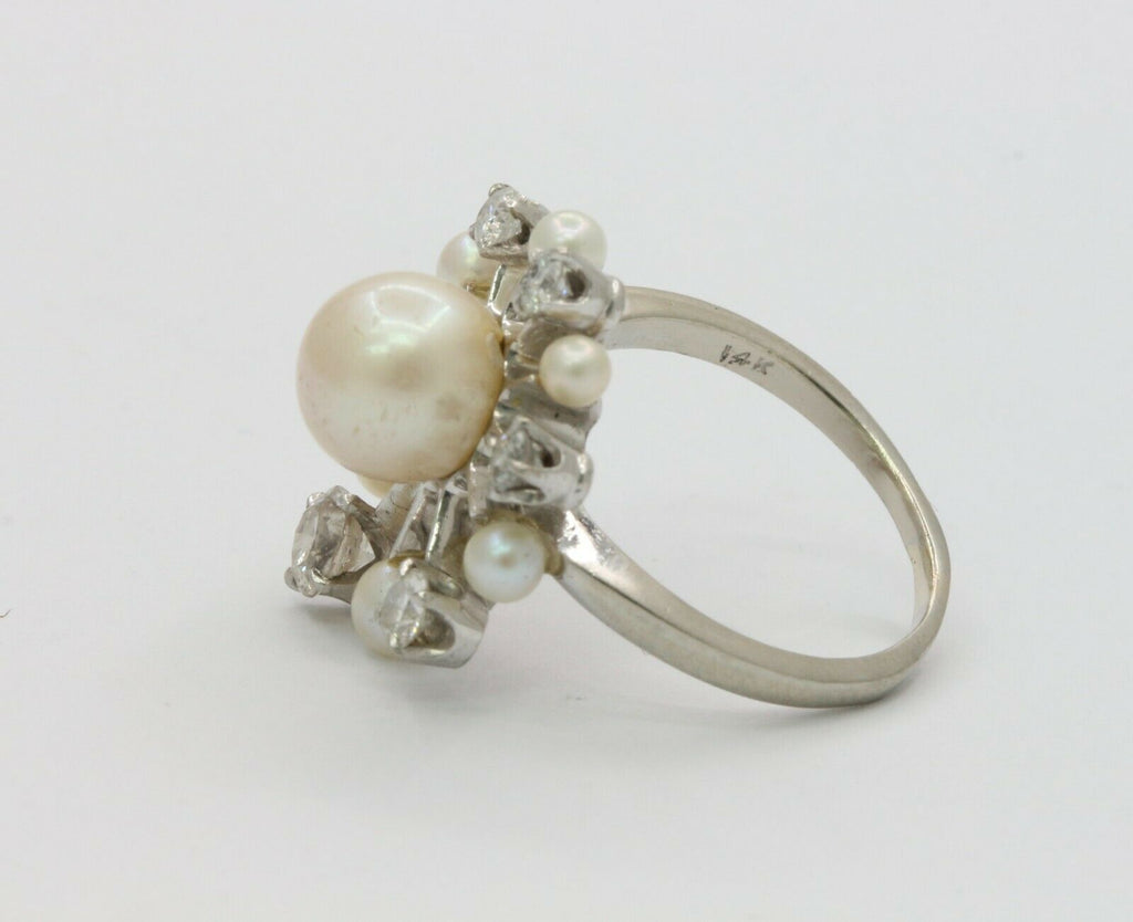 Vintage 14K White Gold Old European Cut Diamond Pearl Ring