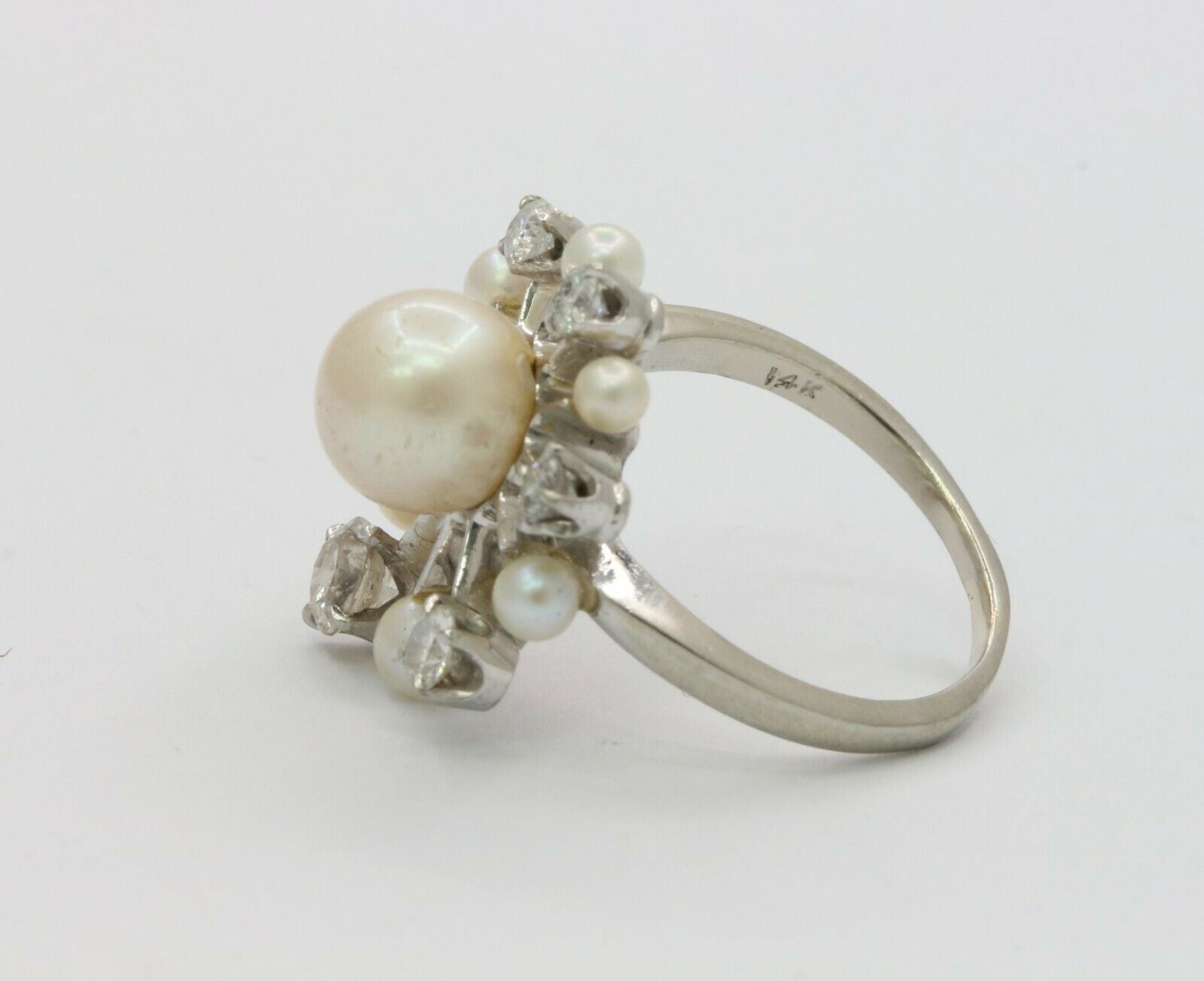 Vintage 14K White Gold Old European Cut Diamond Pearl Ring