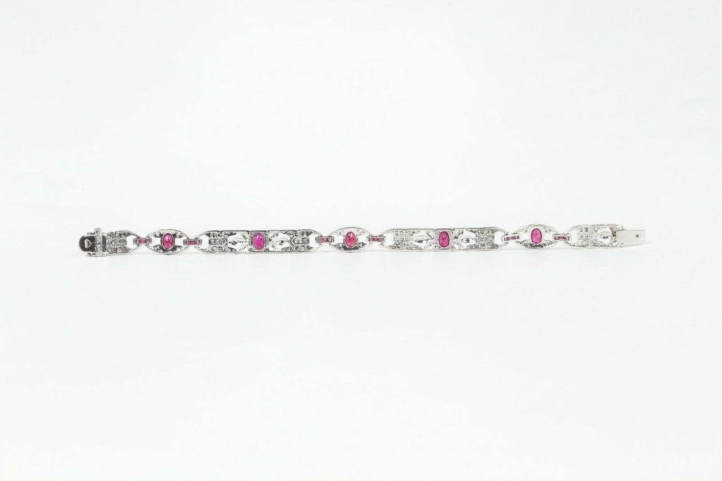Vintage Ladies Diamonds Rubies 14K White Gold Bracelet