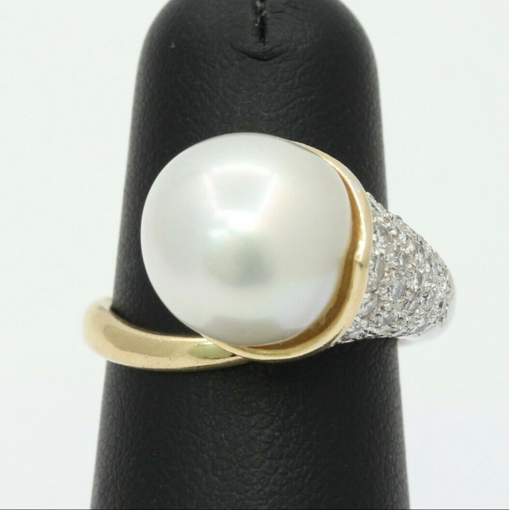 Vintage Platinum 18K Yellow Gold Diamond Pearl Cocktail Ring