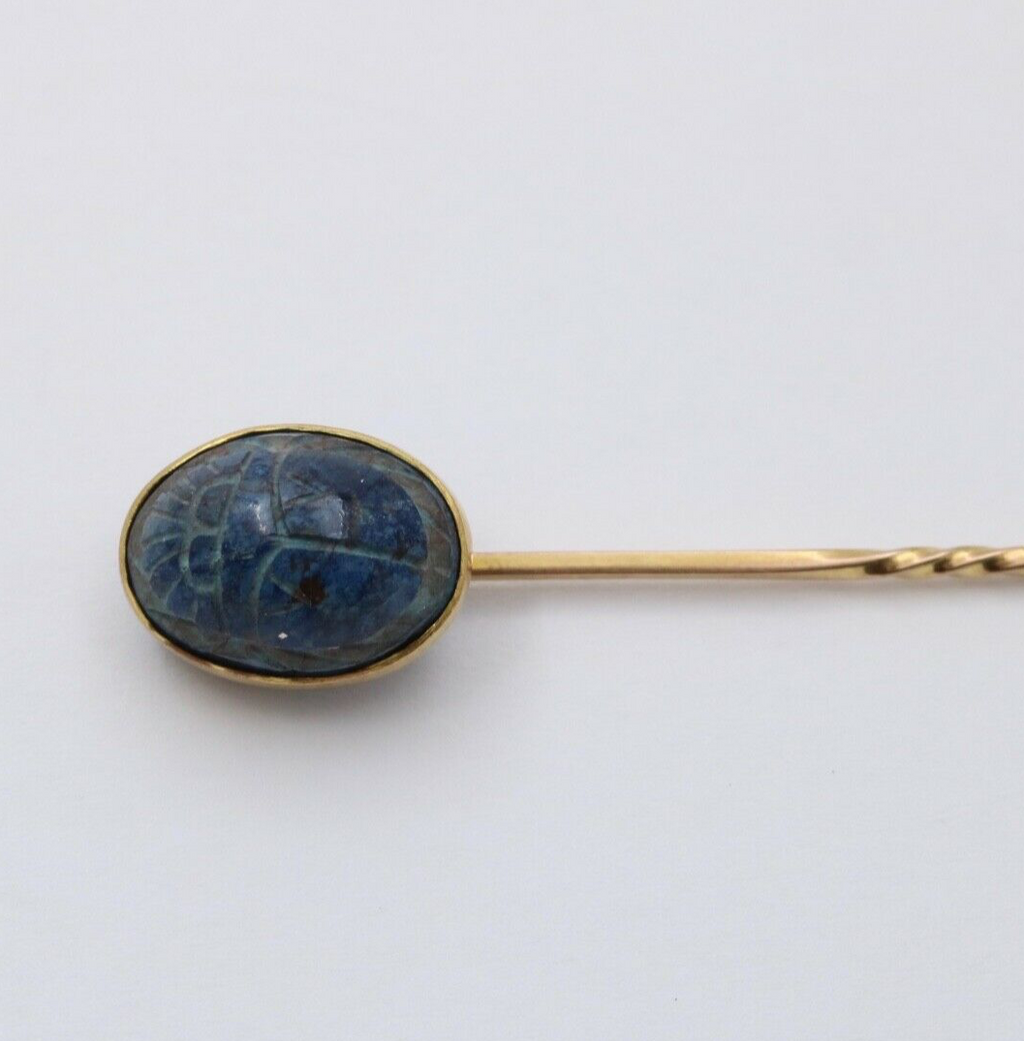 Antique 14K Yellow Gold Egyptian Revival Scarab Sodalite Stick Pin, Lapel Pin