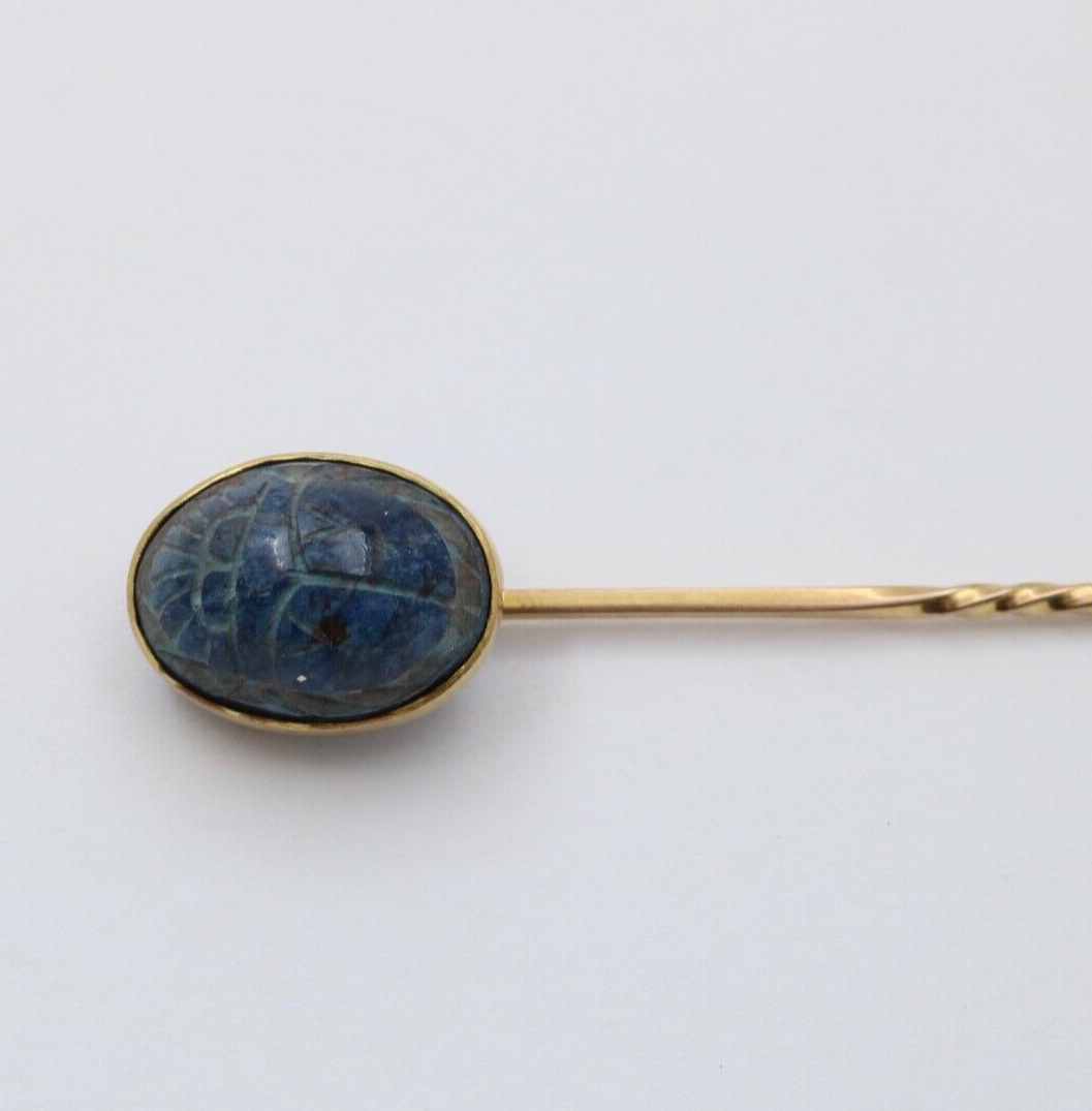Antique 14K Yellow Gold Egyptian Revival Scarab Sodalite Stick Pin, Lapel Pin
