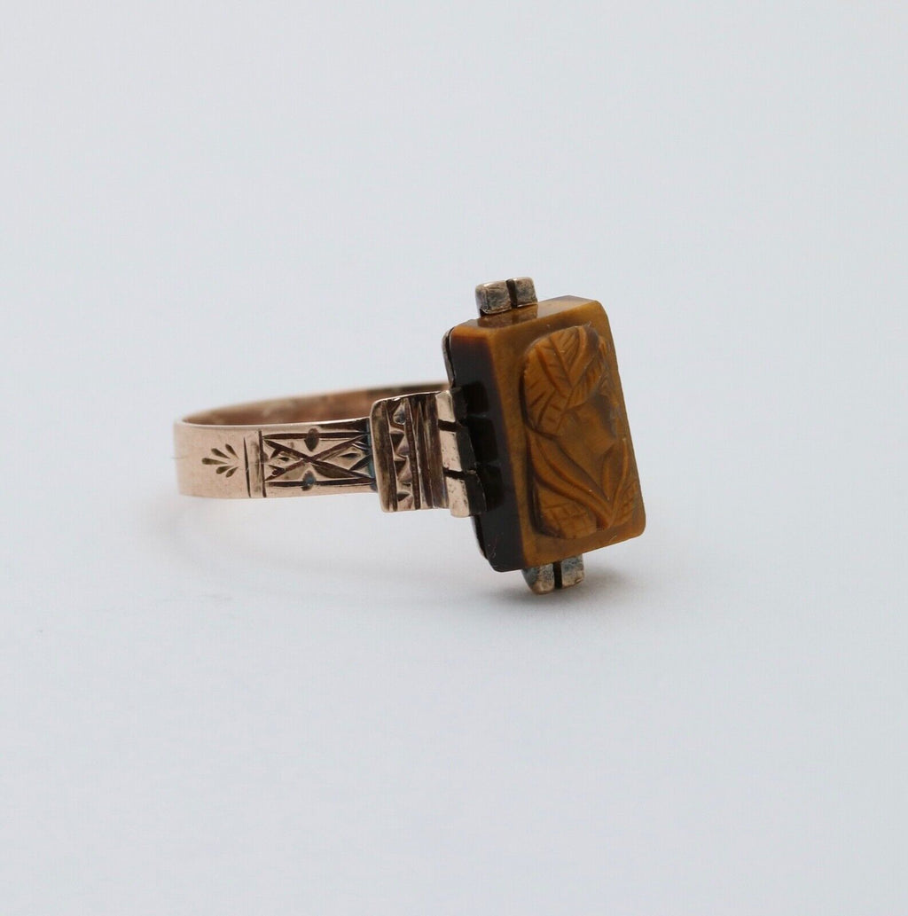Antique 10K Rose Gold Carved Tiger's Eye Ring