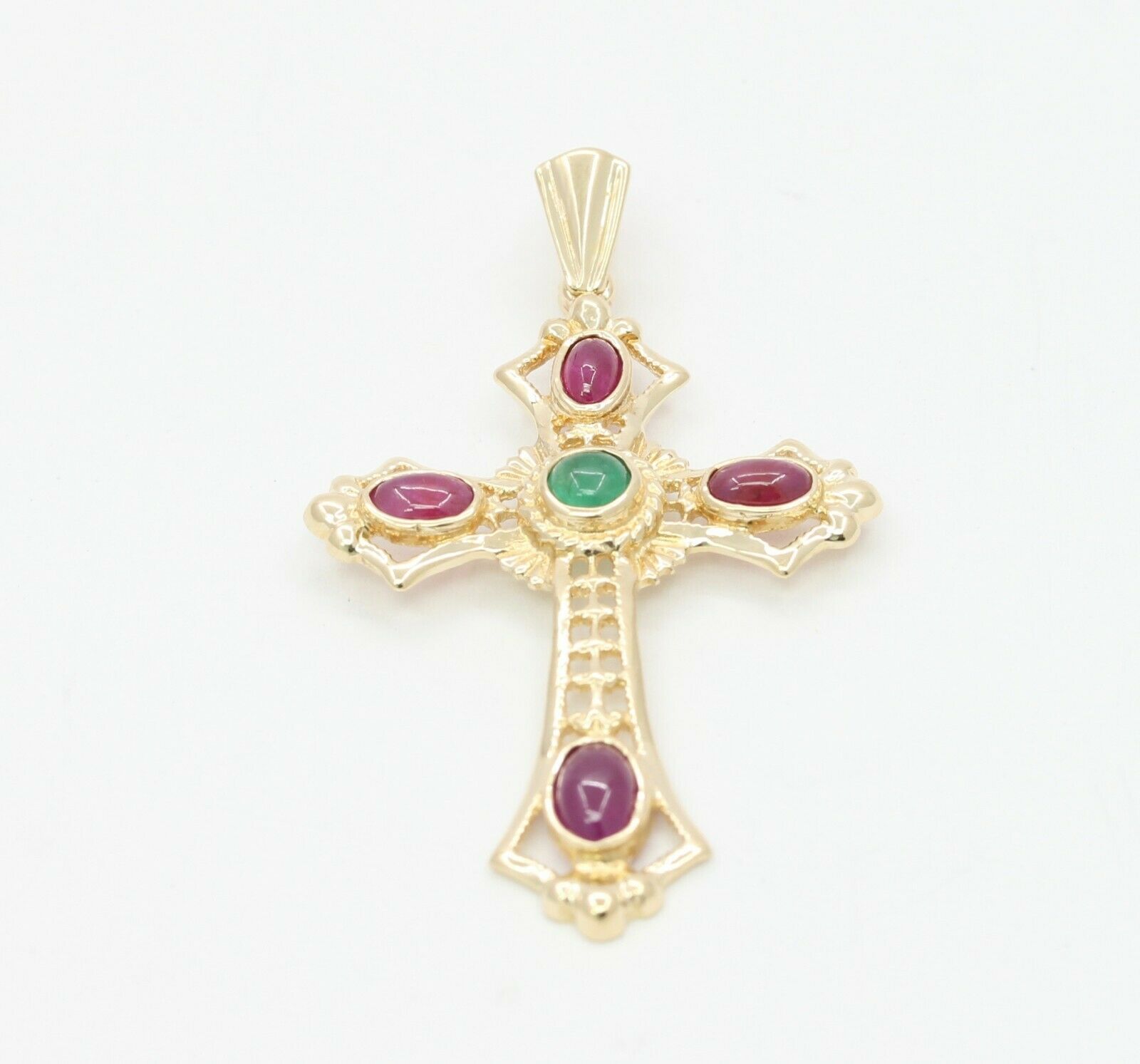 Vintage 14K Yellow Gold Emerald Ruby Portuguese Cross Pendant