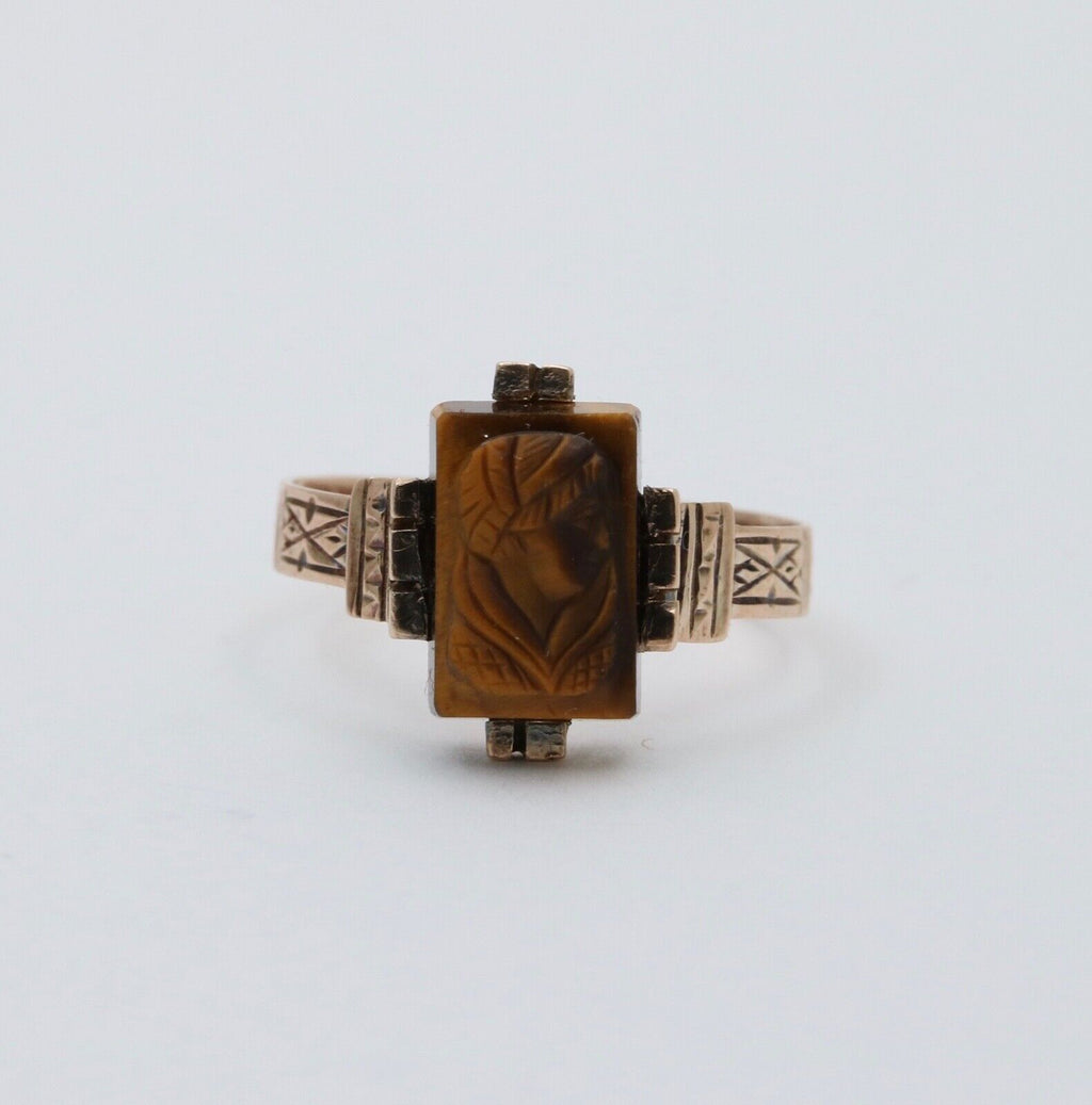 Antique 10K Rose Gold Carved Tiger's Eye Ring