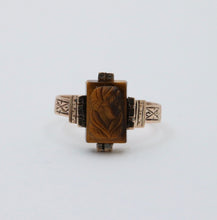 Load image into Gallery viewer, Antique 10K Rose Gold Carved Tiger Eye Ring.
