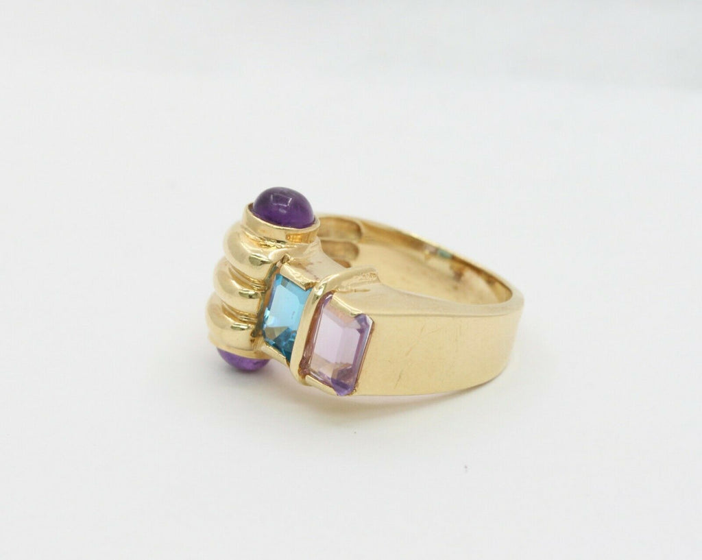 Vintage 14K Yellow Gold Abstract Scroll Blue Topaz & Amethyst Ring