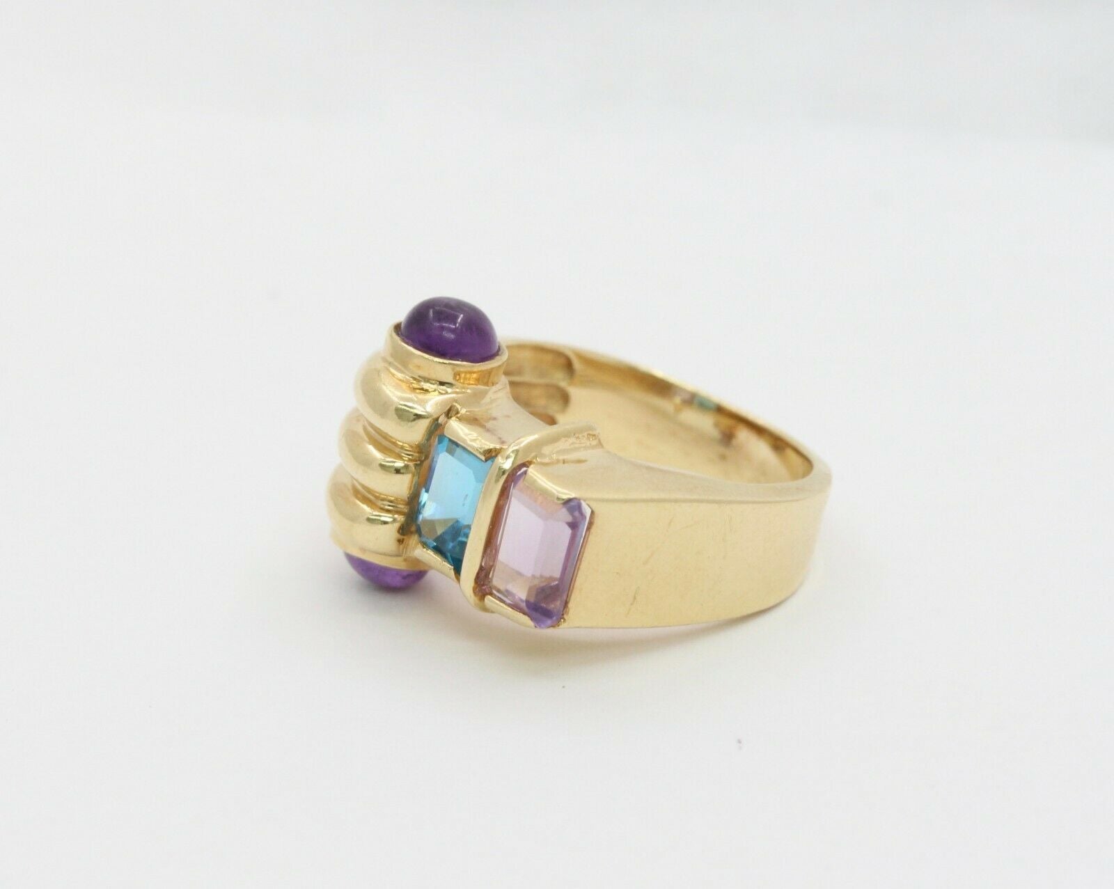 Vintage 14K Yellow Gold Abstract Scroll Blue Topaz & Amethyst Ring