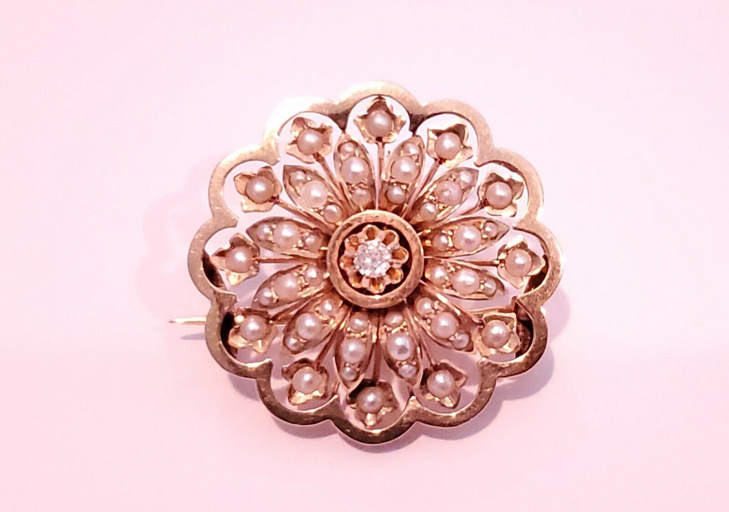 Victorian Starburst Diamond Seed Pearls 14K Yellow Gold Brooch Pin