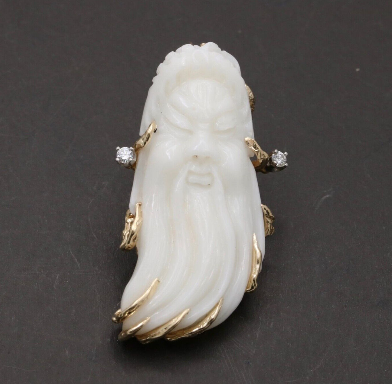 Vintage Carved White Coral Immortal Diamond 14K Yellow Gold Brooch