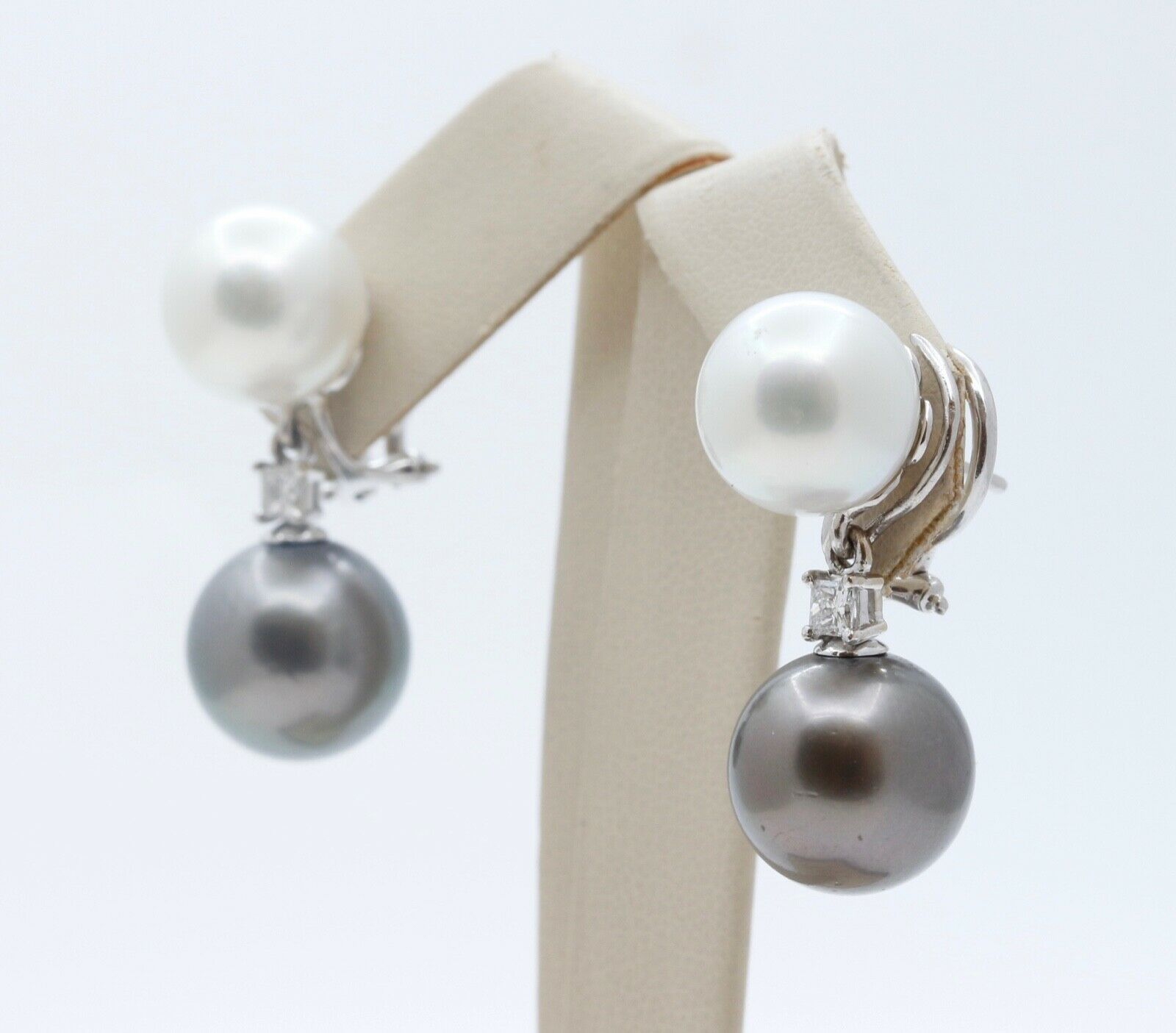 South Sea White and Tahitian Pearls Diamonds 18K White Gold Vintage Earrings