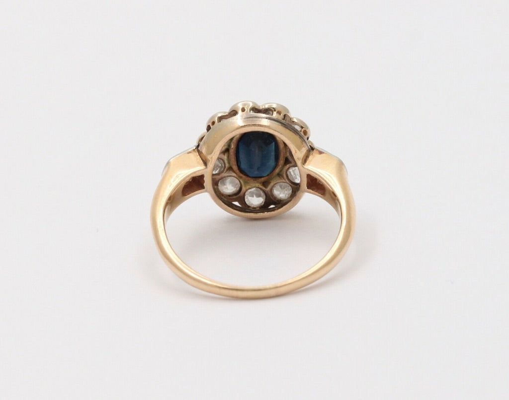 Art Deco Blue Sapphire Single Cut Diamonds 14K Yellow White Gold Ring