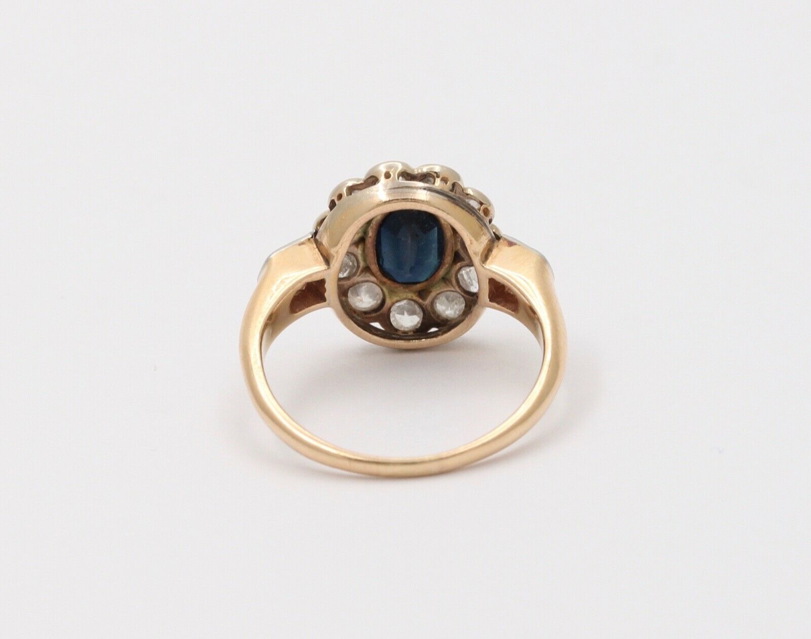 Art Deco Blue Sapphire Single Cut Diamonds 14K Yellow White Gold Ring