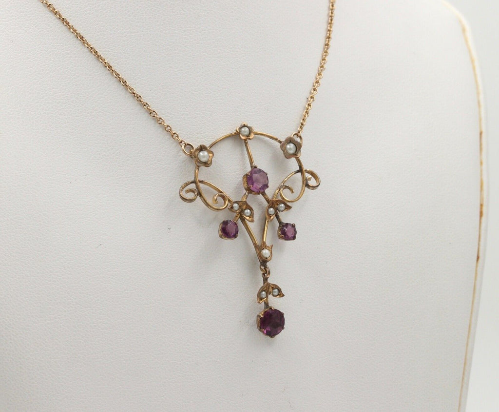 Art Nouveau 14K Gold Filed Amethyst & Split Pearl Pendant, Necklace.