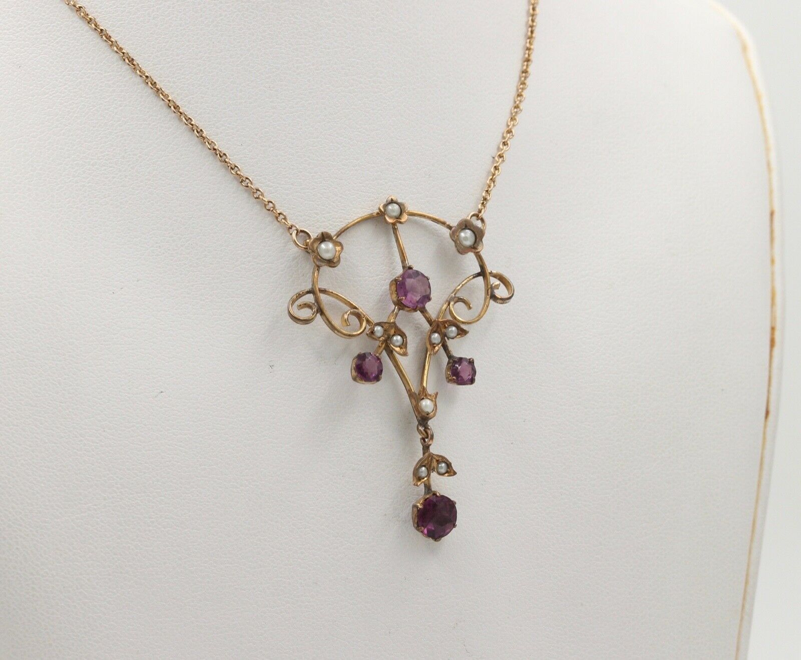 Art Nouveau 14K Gold Filed Amethyst & Split Pearl Pendant, Necklace.