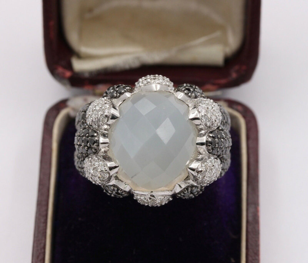 Vintage Milky Quartz White Black Diamonds 18K White Gold Cluster Ring
