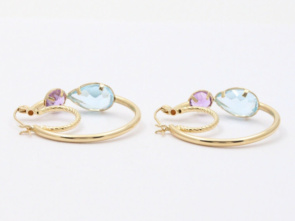 Minimalist 14K Yellow Gold Blue Topaz & Amethyst Huggie Earrings.